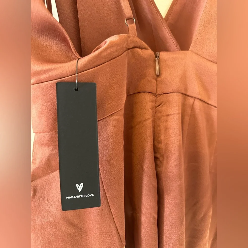 Lulu’s Look of Luxe Rusty Rose Satin Asymmetrical Wide-Leg Jumpsuit - Si… - Picture 8 of 10